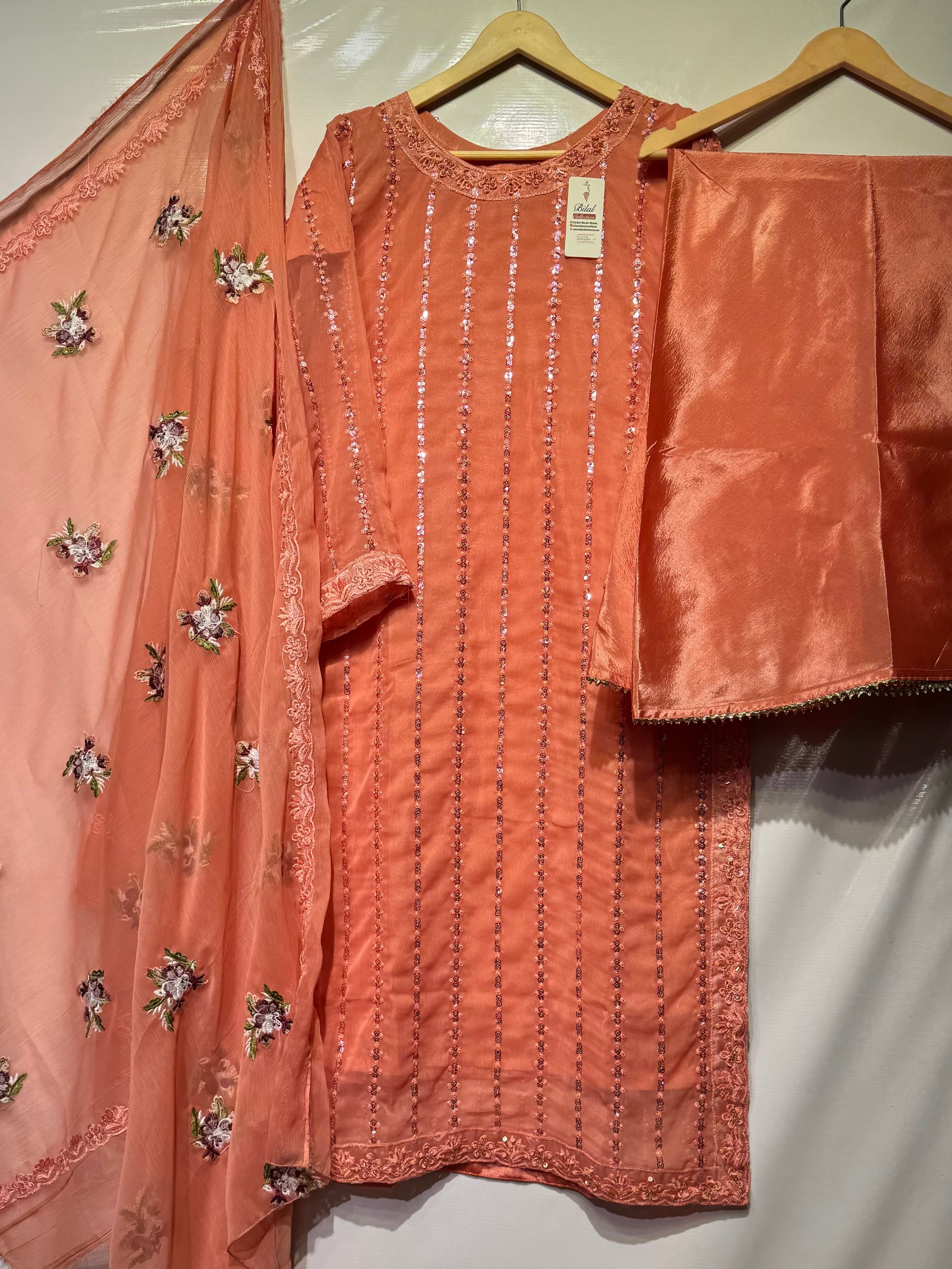 Trending front back sequence dhaga embroidered🪡long shirt with embroidered dupatta & Flapper 🔥
