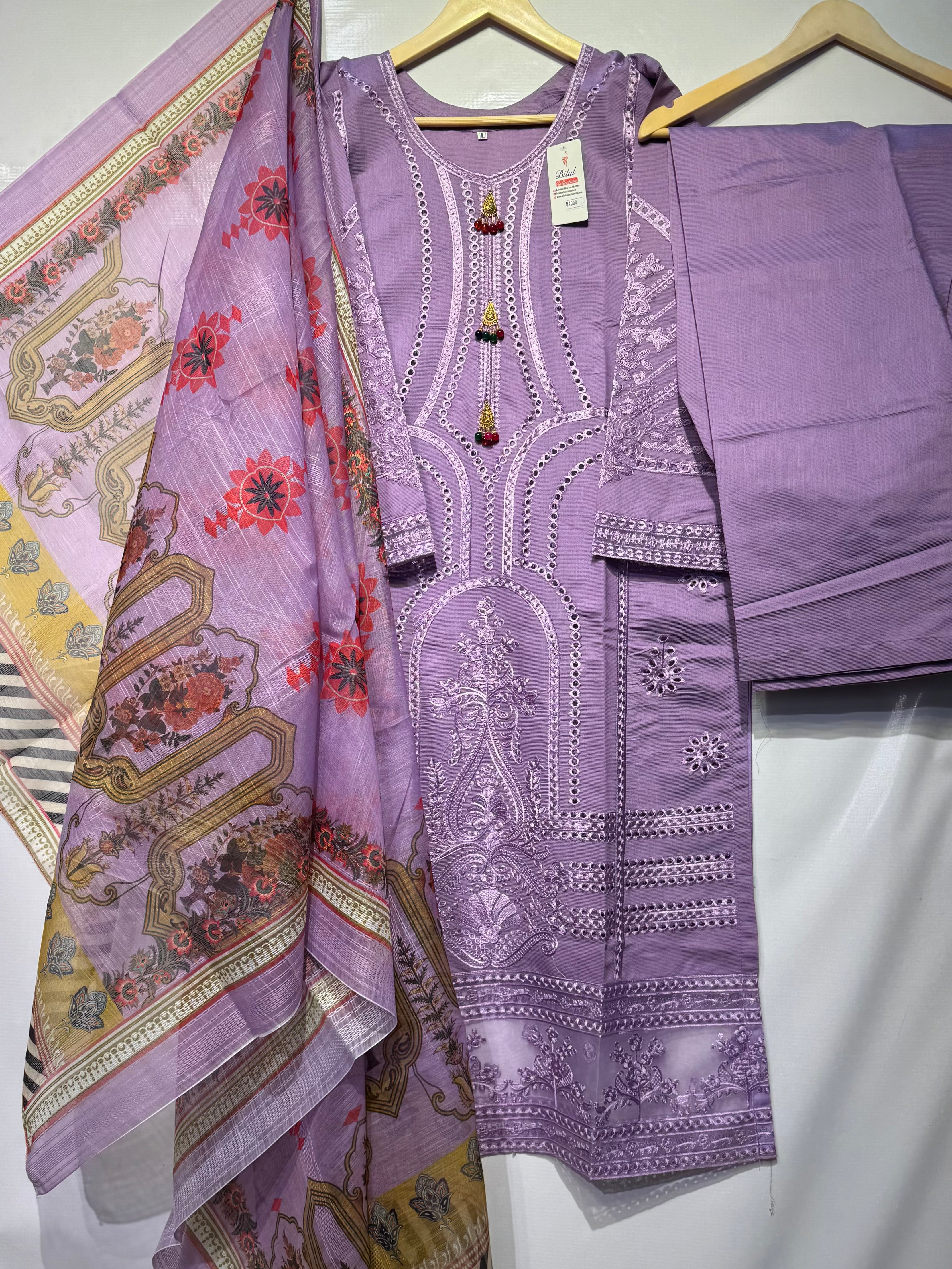 Schiffli chikankari embroidered🪡long shirt & trouser along with swiss monar printed dupatta 👗