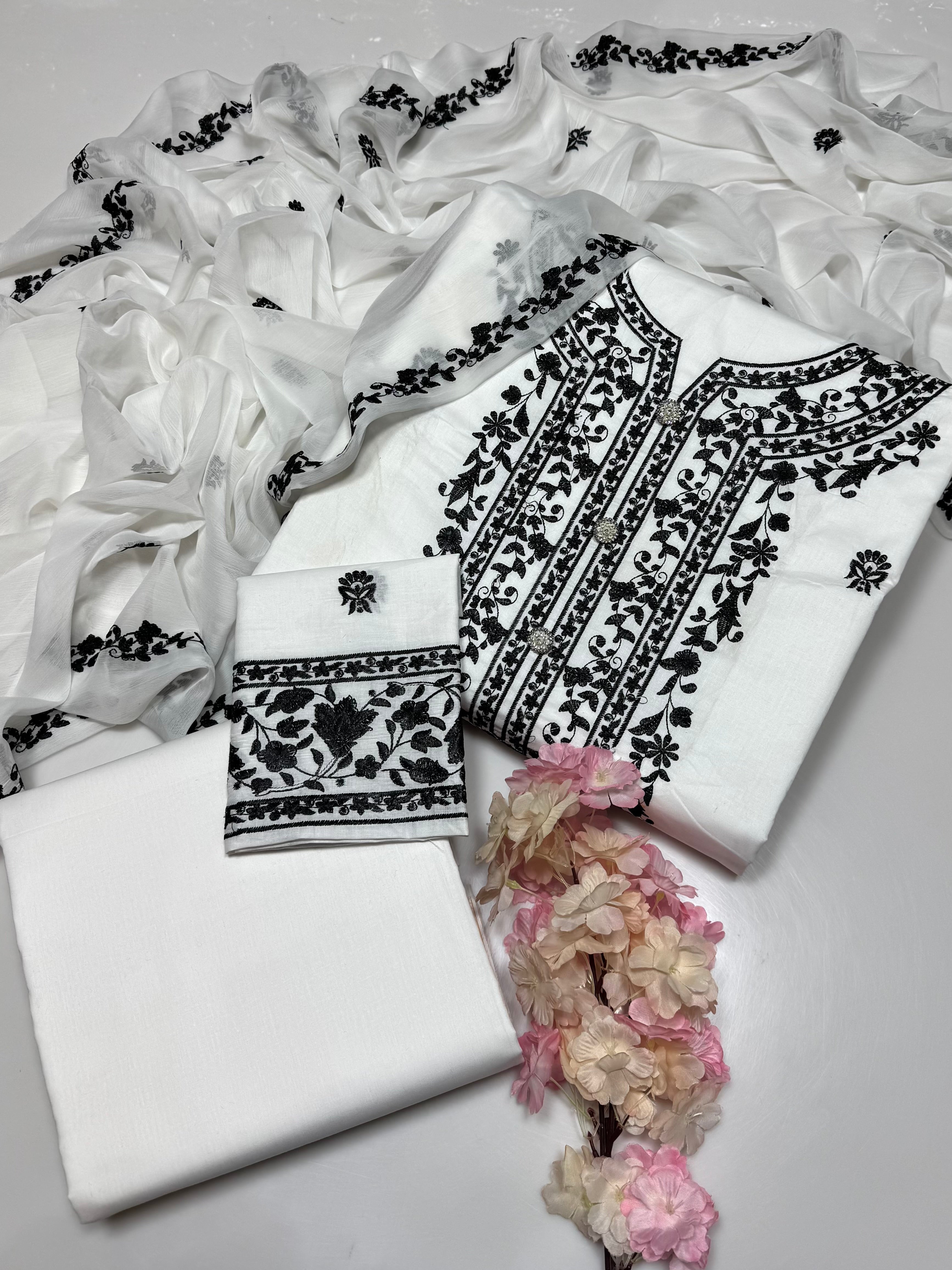 UNSTITCHED handmade style pure cotton Lawn thread embroidered🧵shirt with embroidered sleeves, fully embroidered soft chiffon dupatta & cotton Lawn trouser 3 pcs dress 👗