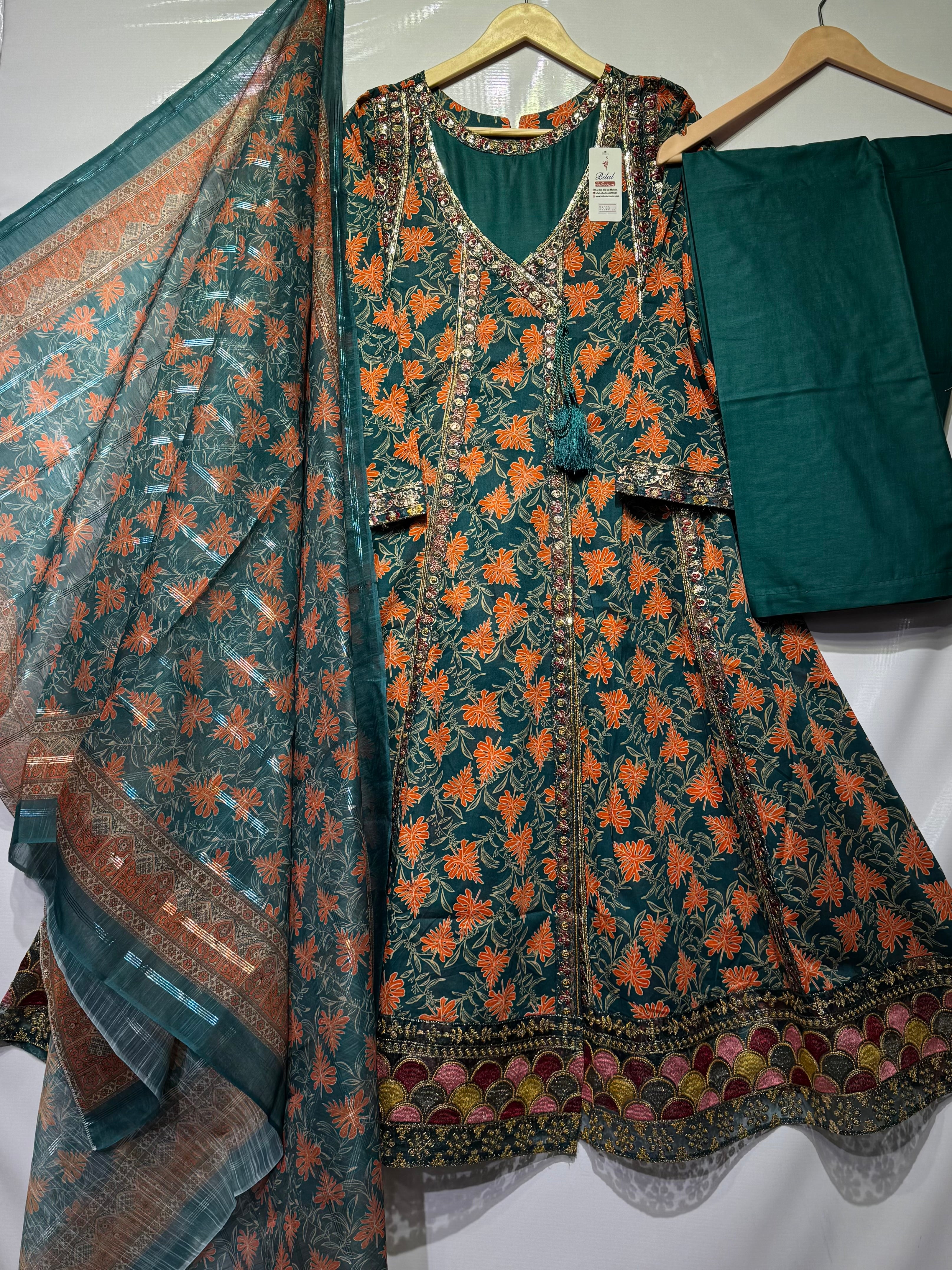 Pure Lawn floral printed angrakha style frock with sequential thread embroidery🧵all over, Soft printed khadi dupatta & lawn trouser 3 pcs 👗