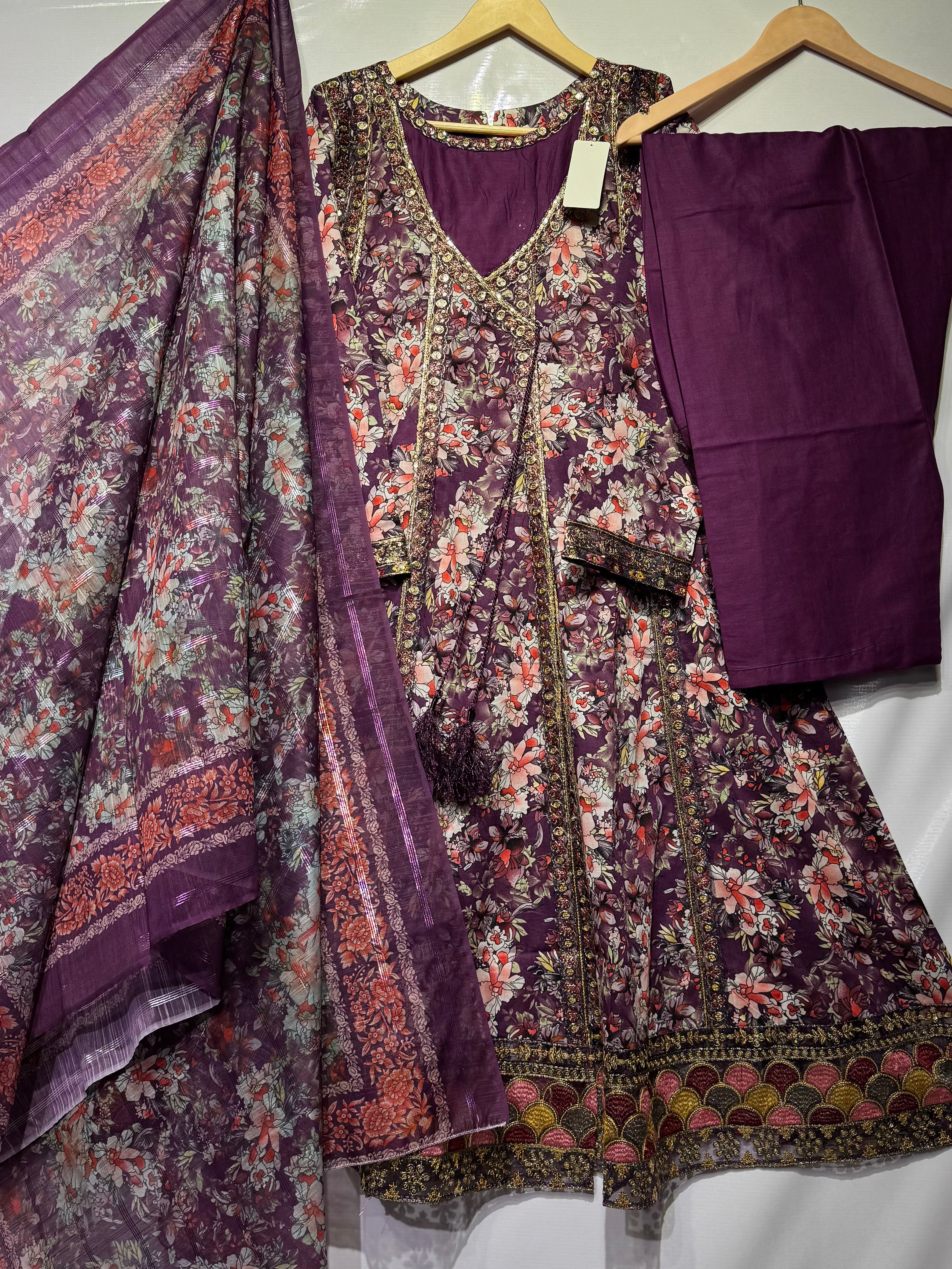 Pure Lawn floral printed angrakha style frock with sequential thread embroidery🧵all over, Soft printed khadi dupatta & lawn trouser 3 pcs 👗