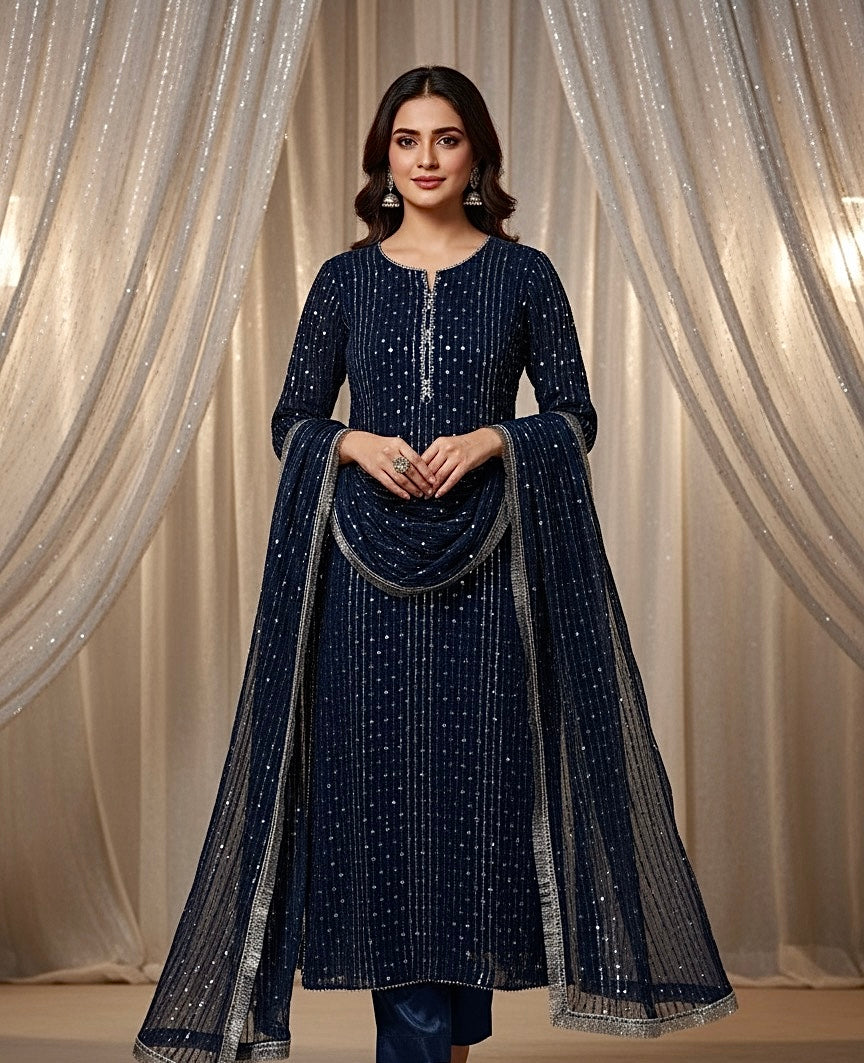 Pure Chiffon beautiful & Elegant sequence with thread embroidered🪡3 pcs dress 👗