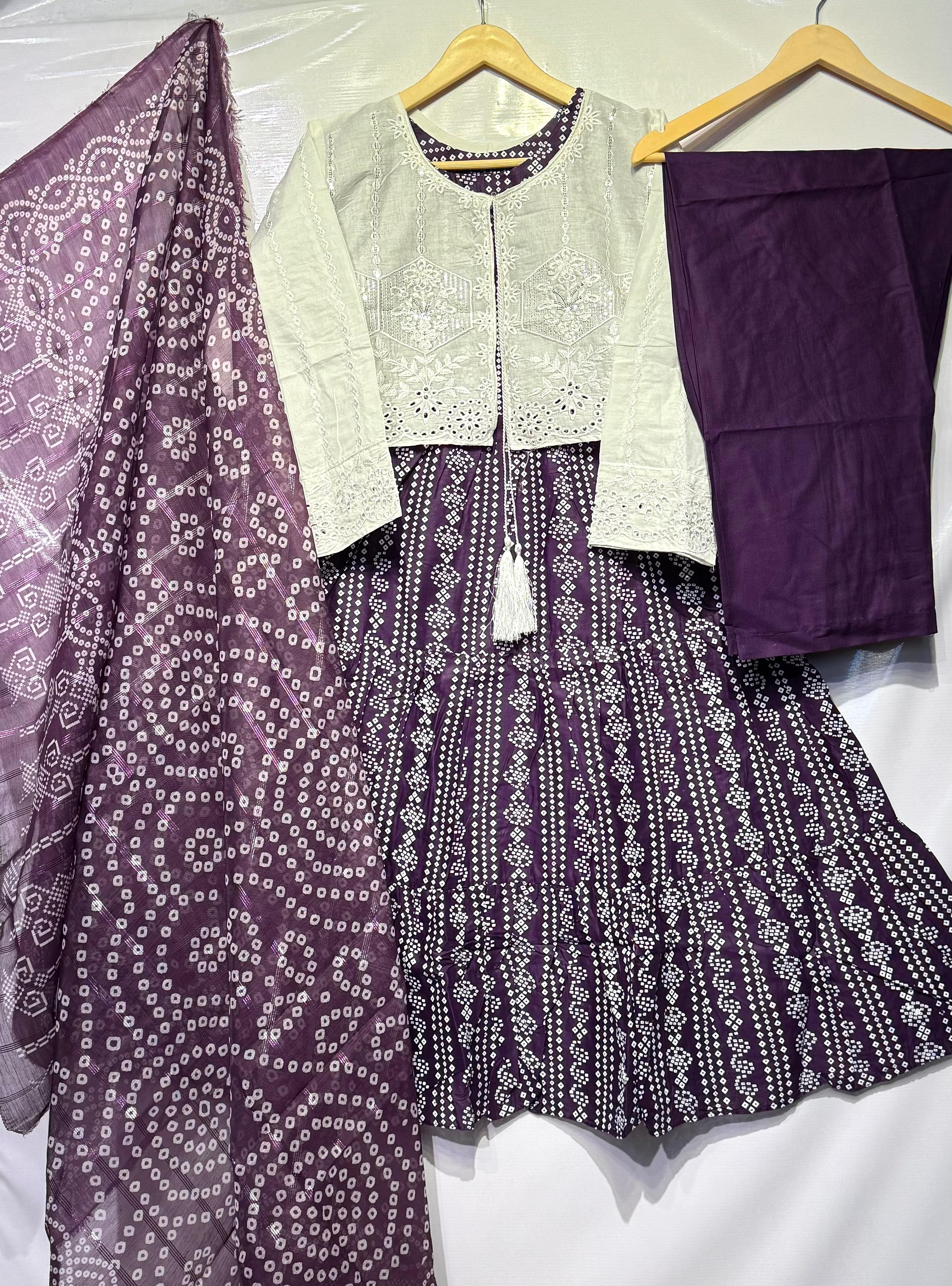 Chunri Printed Frock with thread+sequence+schiffli embroidered jacket 4 pcs 👗