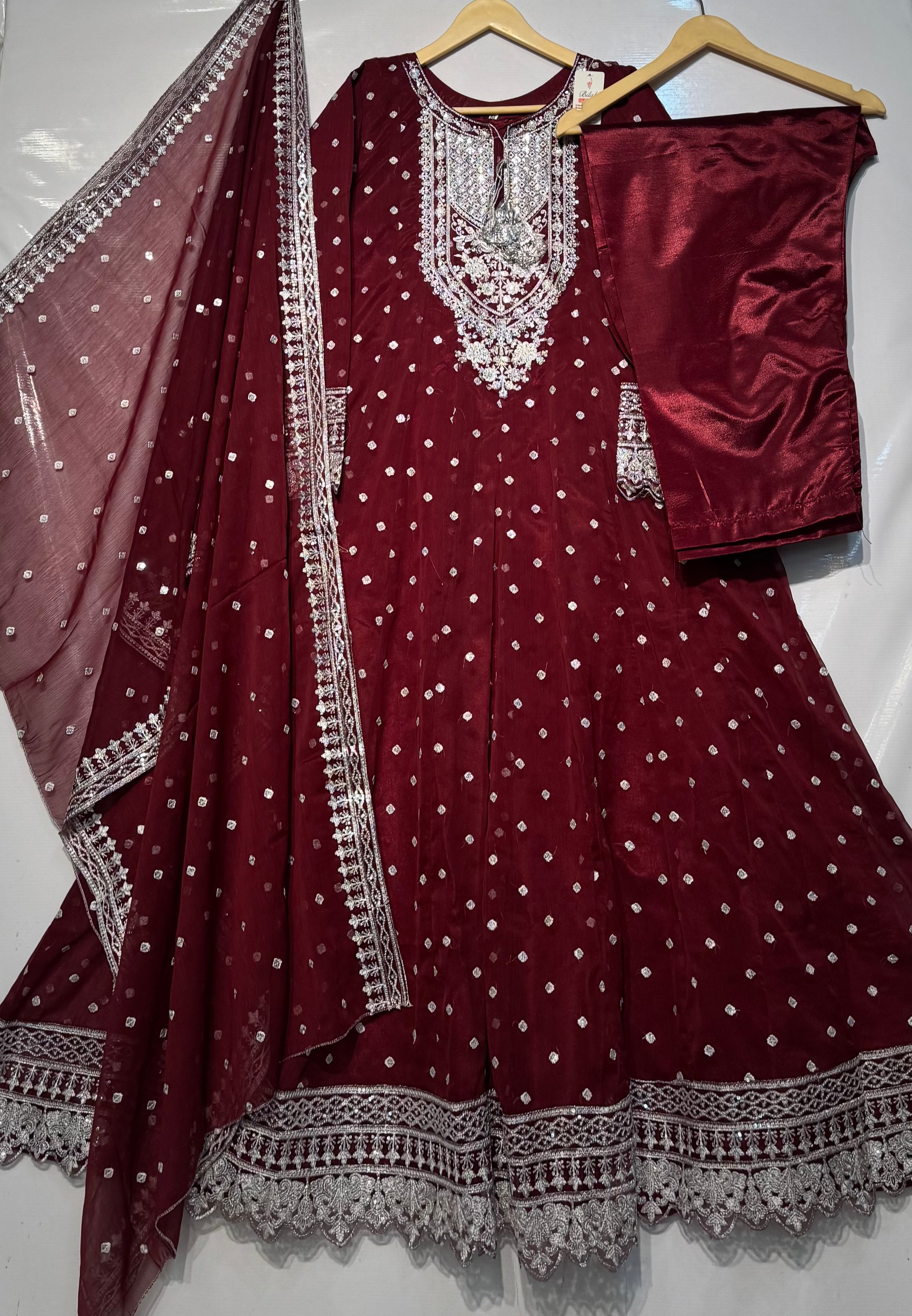 Silver sequence fully heavy embroidered🧵maxi along with heavy dupatta & trouser 👗