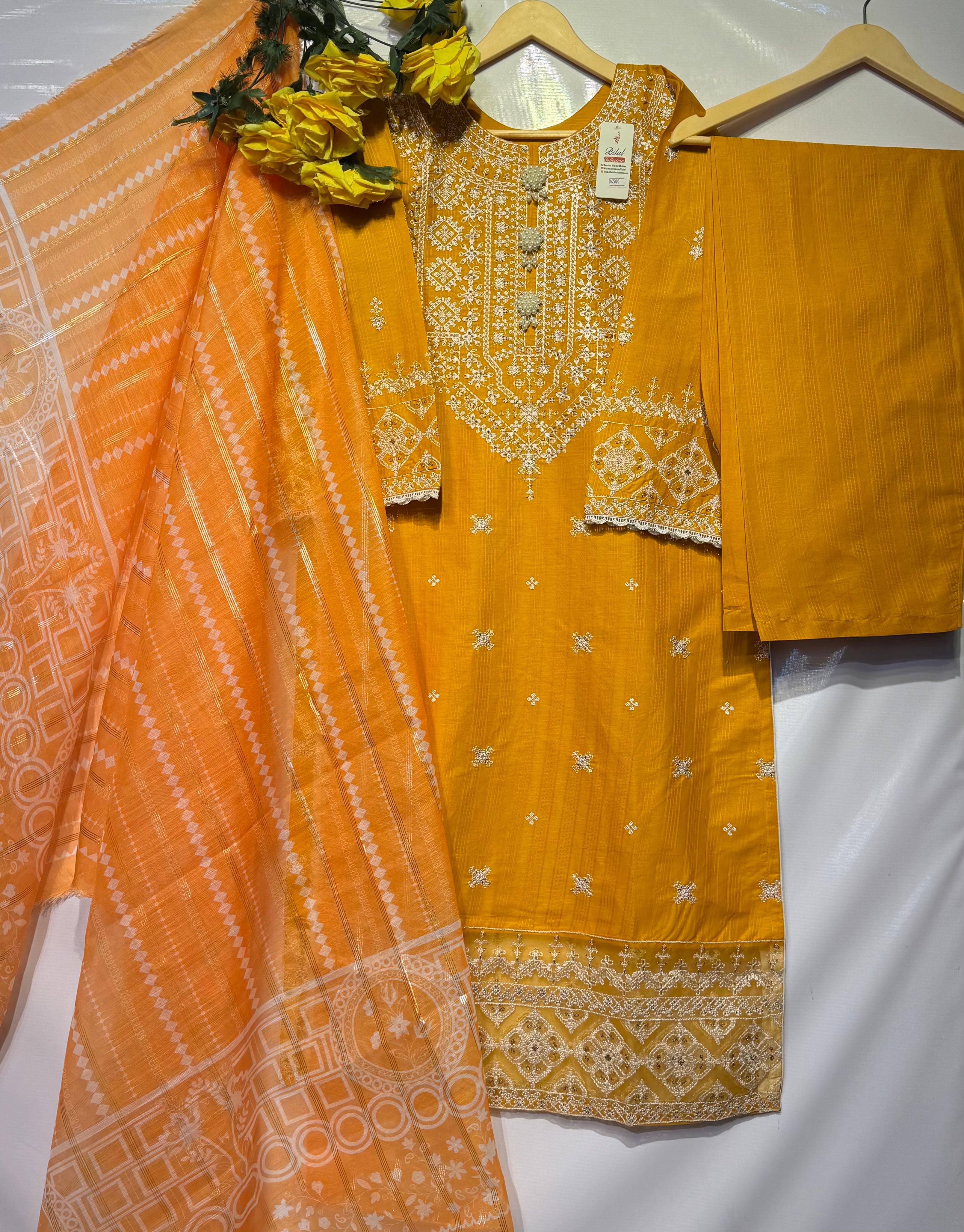 Fully dhaga embroidered long shirt with printed dupatta & trouser 3 pcs 👗