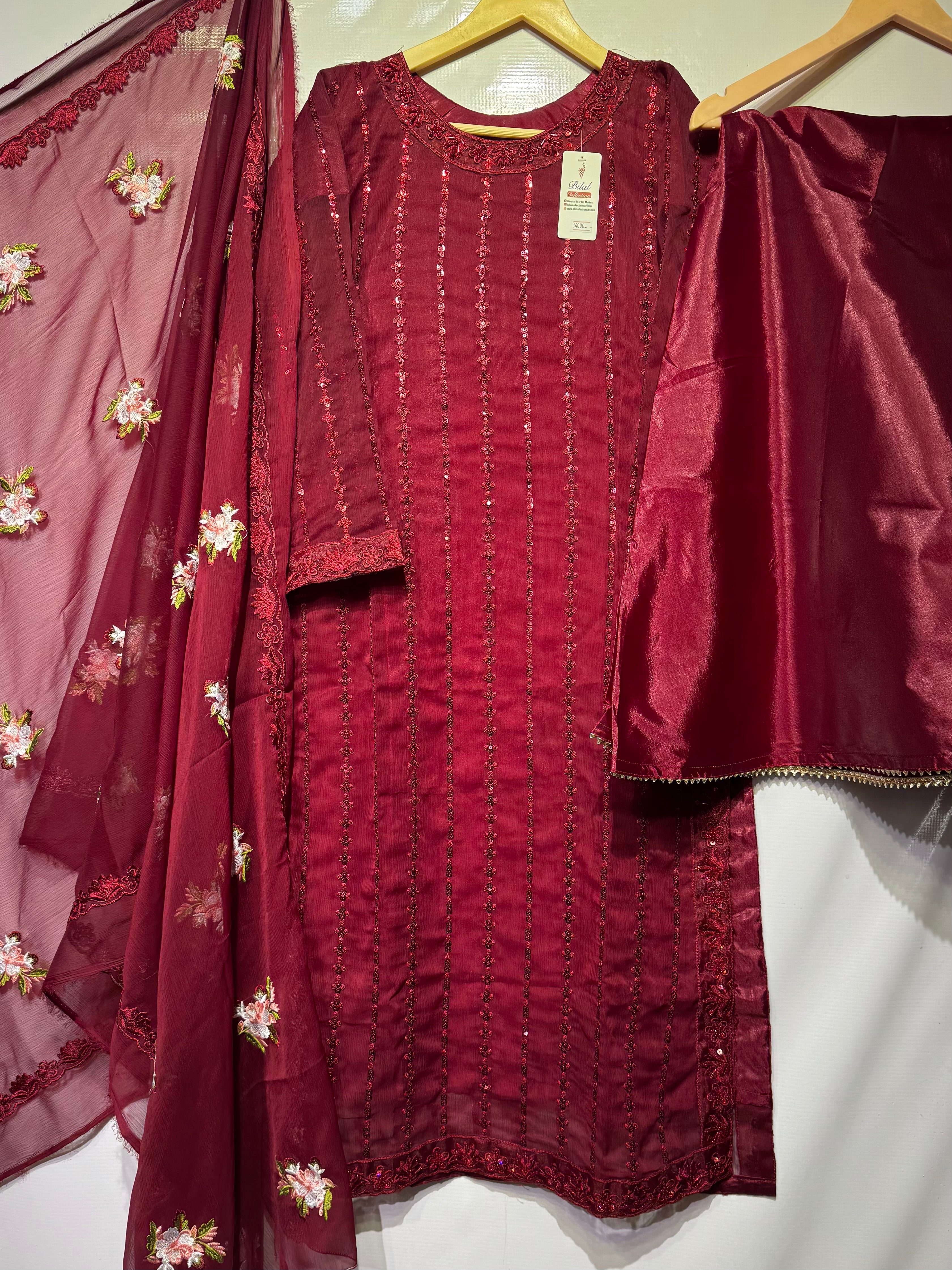 Trending front back sequence dhaga embroidered🪡long shirt with embroidered dupatta & Flapper 🔥