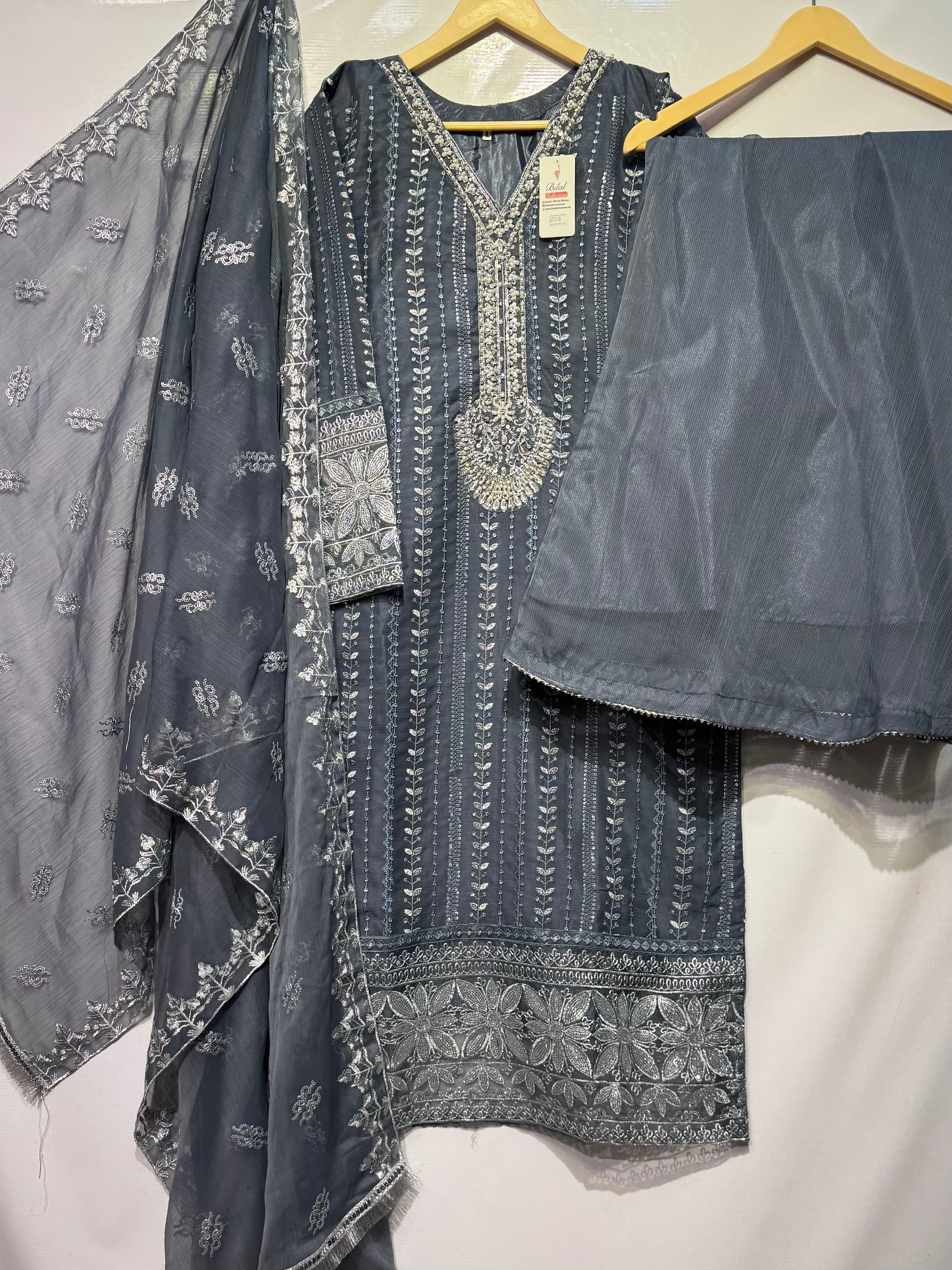 Heavy embroidered🧵chiffon long shirt with heavy flaired bell bottom plaso & dupatta 👗