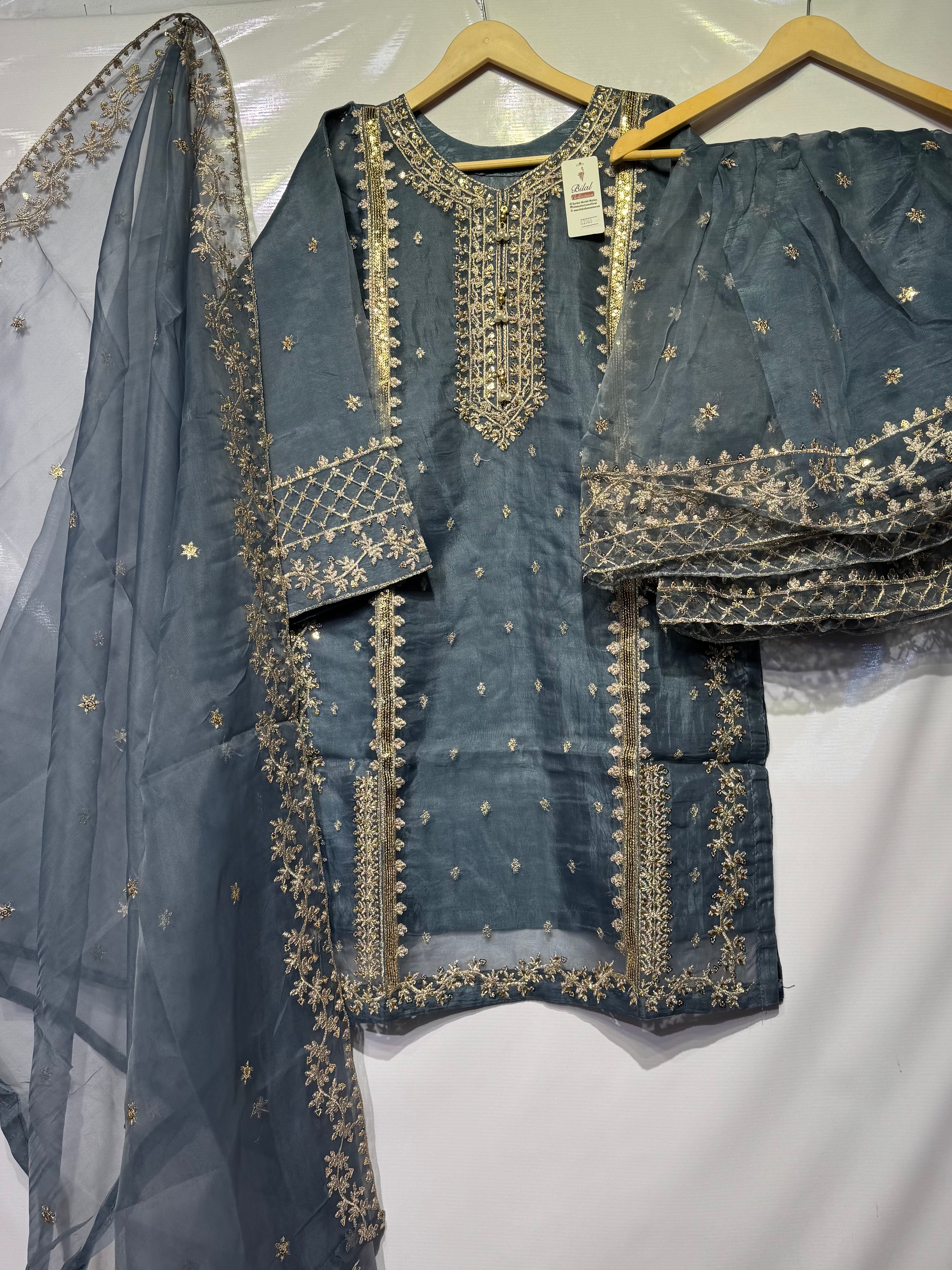 Most demanded golden sitara with beats and tilla embroidered🧵3 pcs dress with embroidered sharara 👗