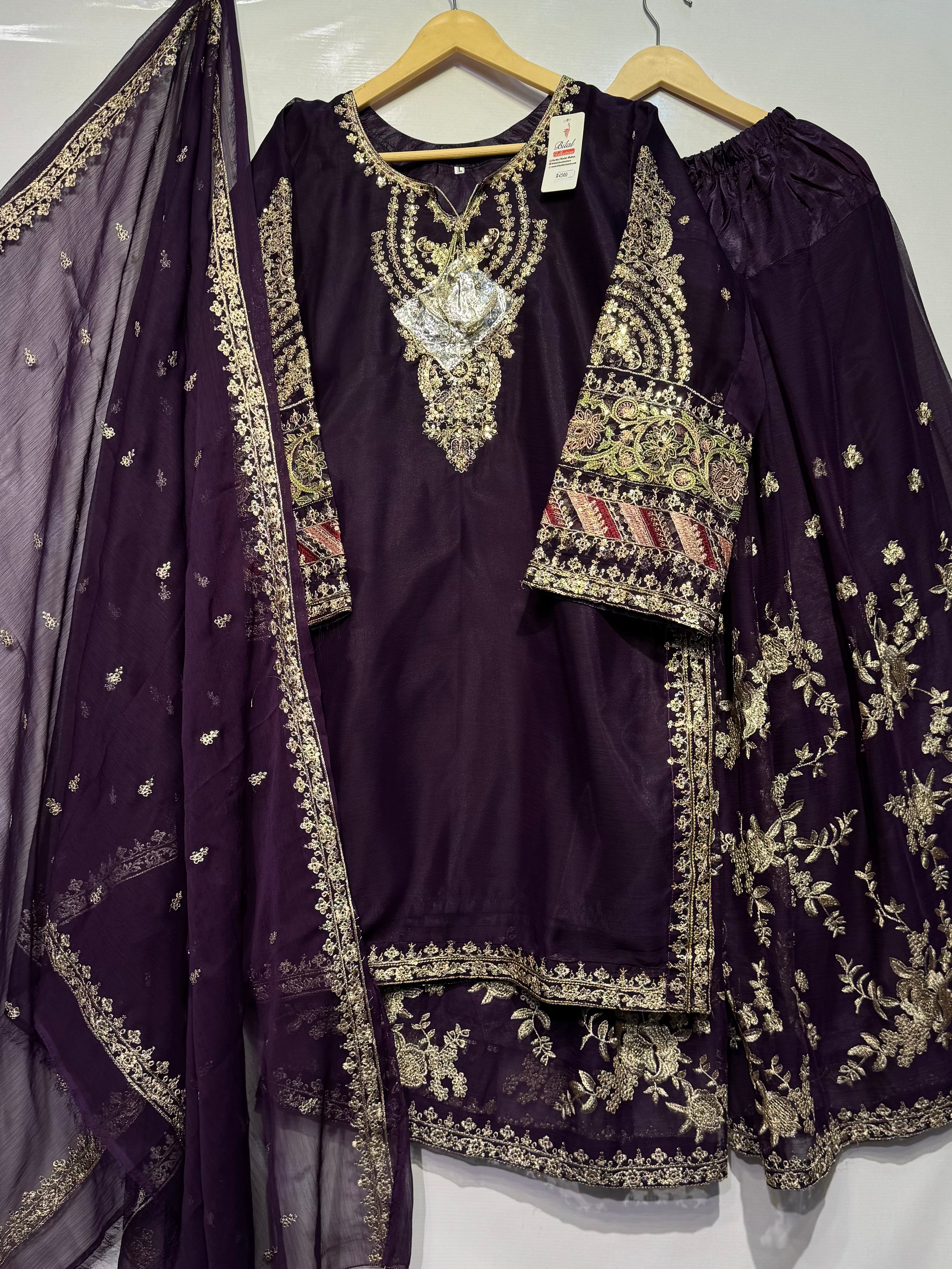 Heavy tilla+sequence embroidered🧵chiffon 3 pcs dress 👗