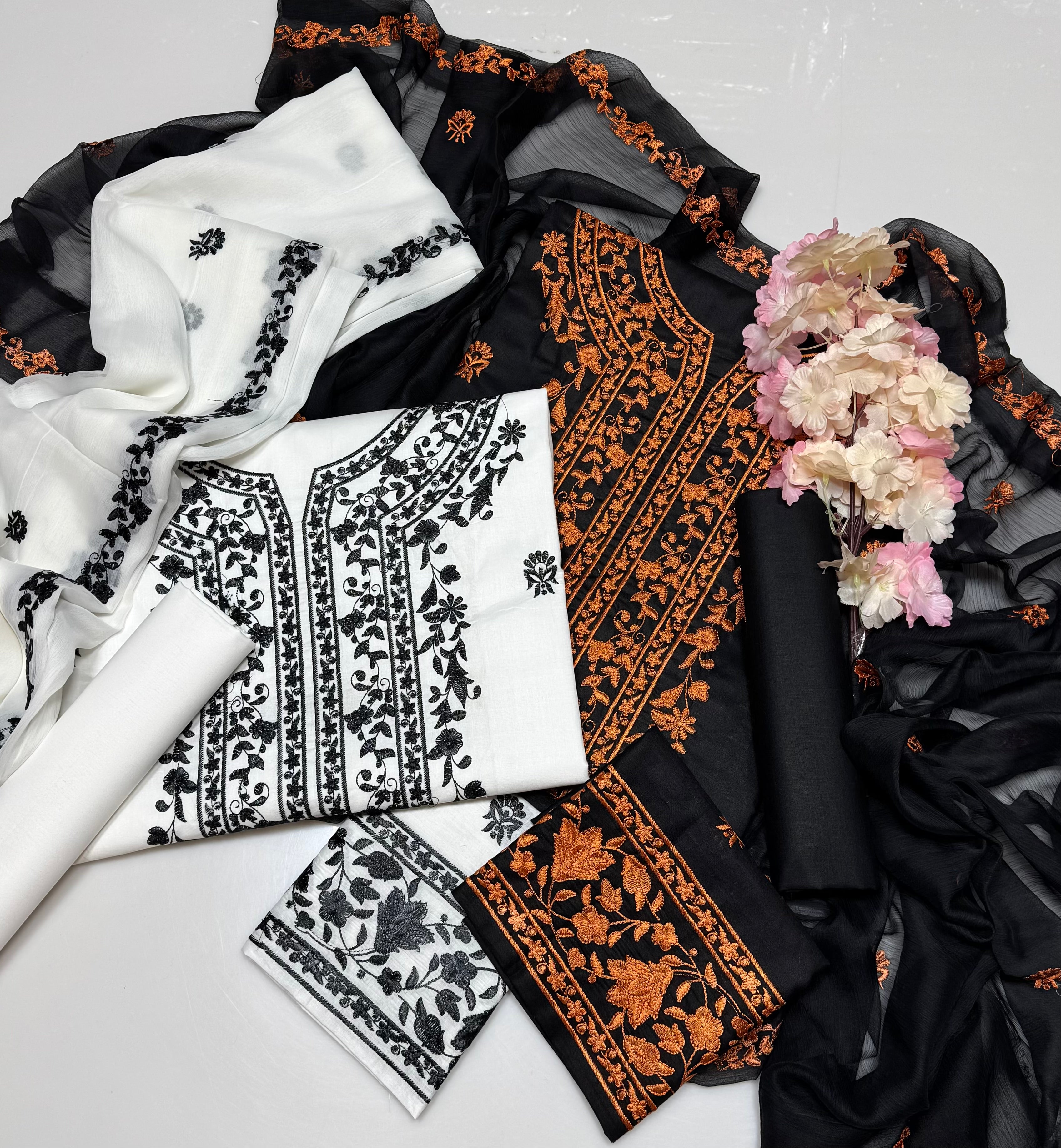 UNSTITCHED handmade style pure cotton Lawn thread embroidered🧵shirt with embroidered sleeves, fully embroidered soft chiffon dupatta & cotton Lawn trouser 3 pcs dress 👗