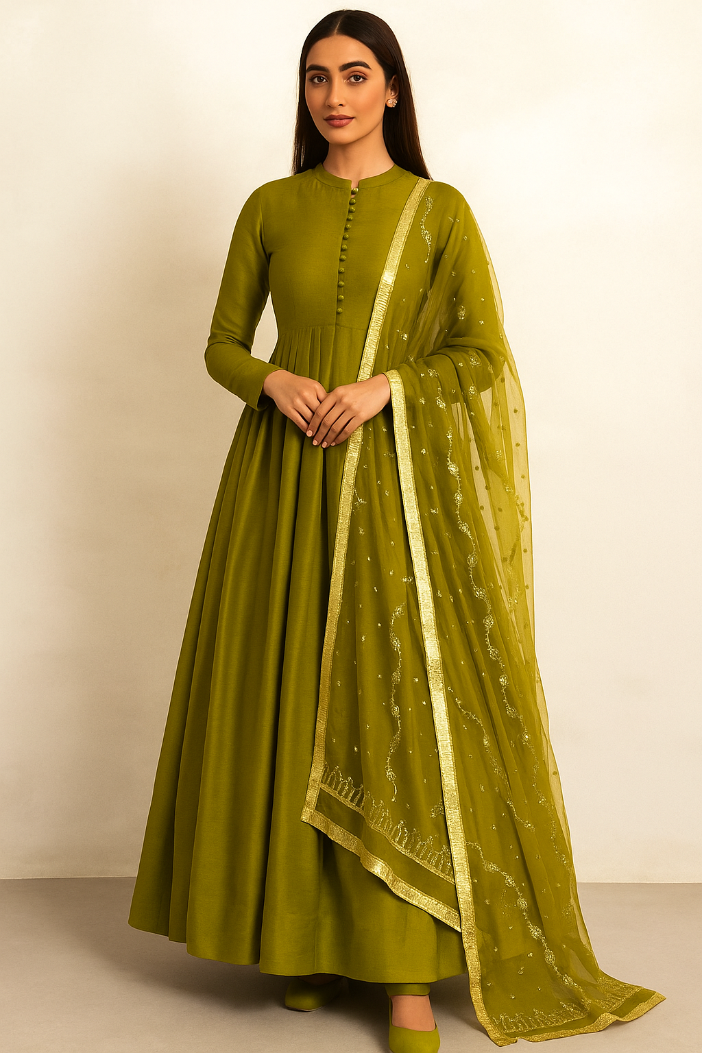 Pleated style long maxi with fully heavy embroidered🧵chiffon dupatta & trouser 👗