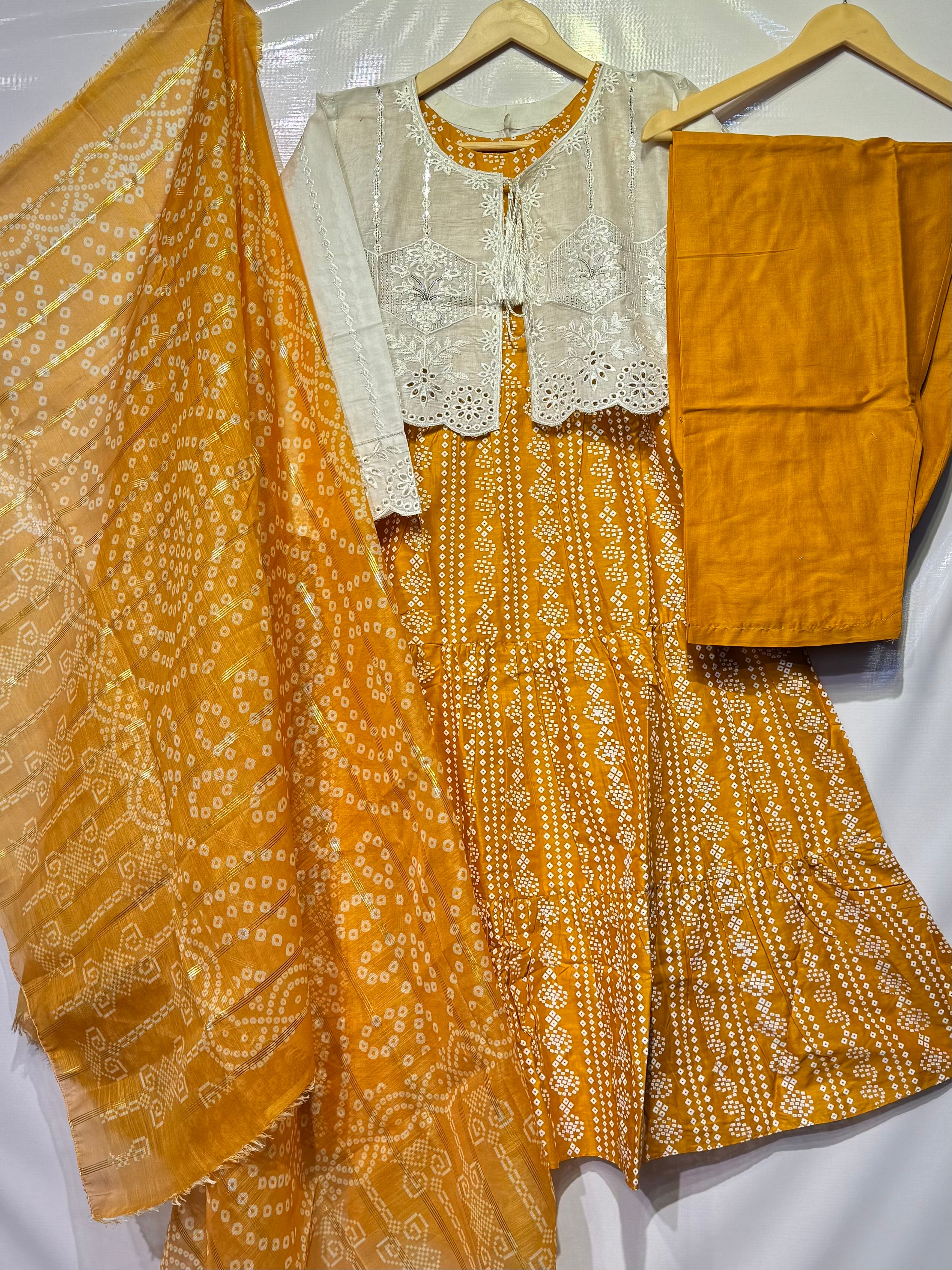 Chunri Printed Frock with thread+sequence+schiffli embroidered jacket 4 pcs 👗