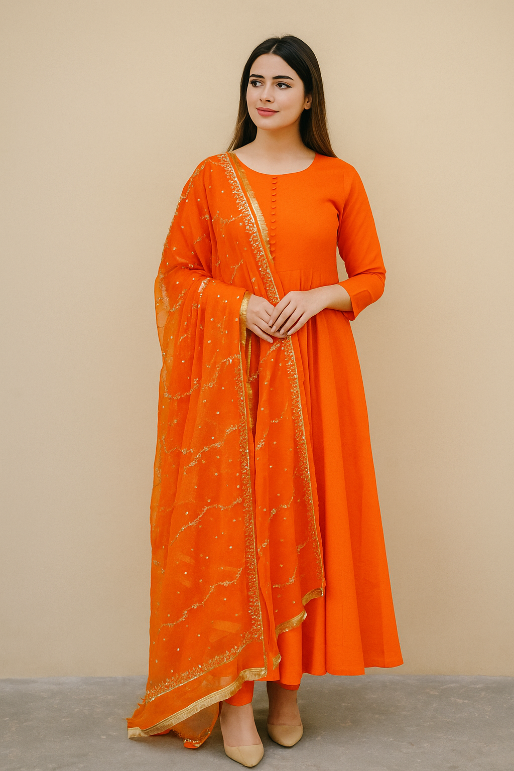 Pleated style long maxi with fully heavy embroidered🧵chiffon dupatta & trouser 👗