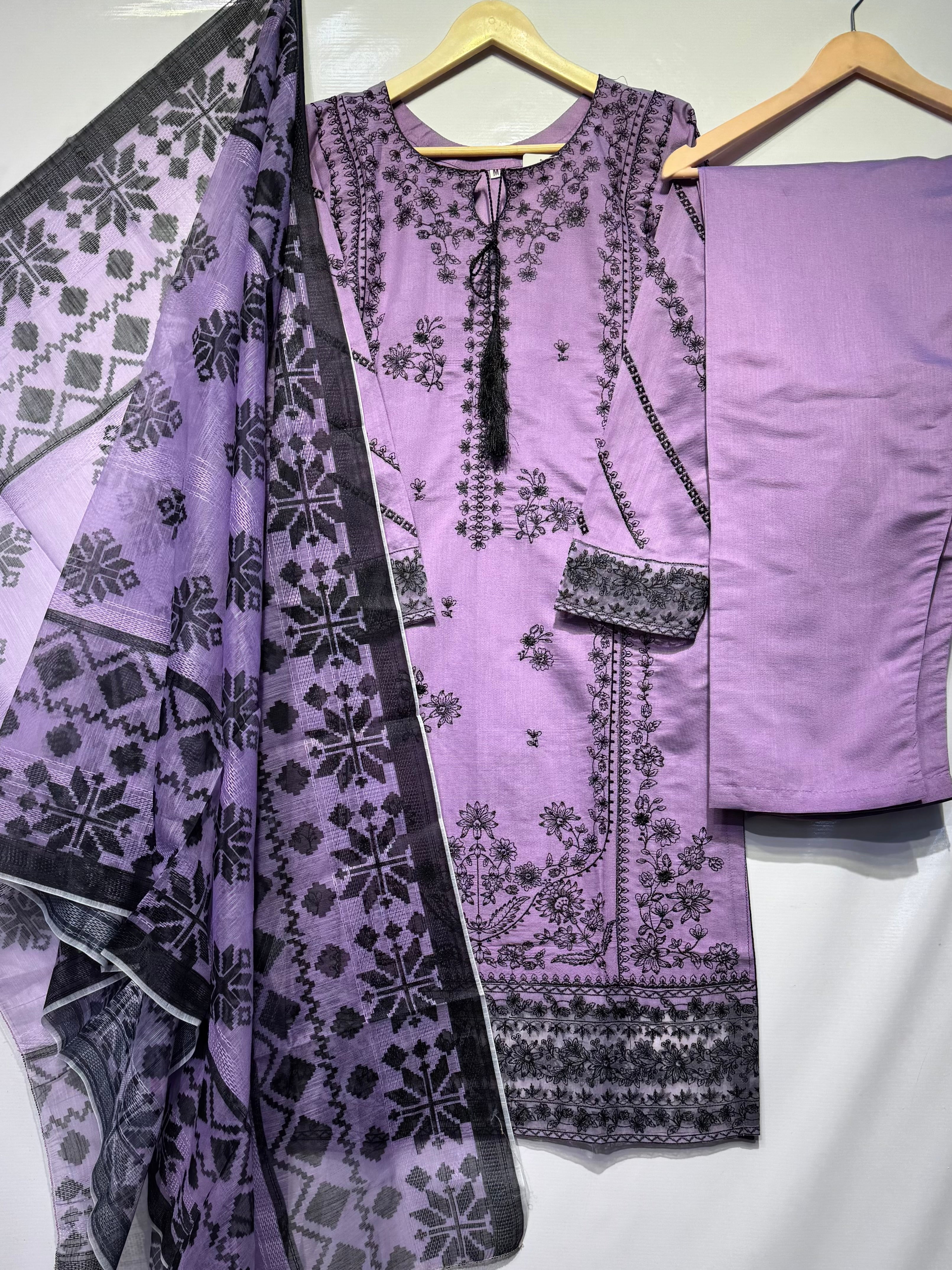 Soft khadi contrast thread embroidered🧵long shirt with monar printed dupatta & khadi trouser 👗
