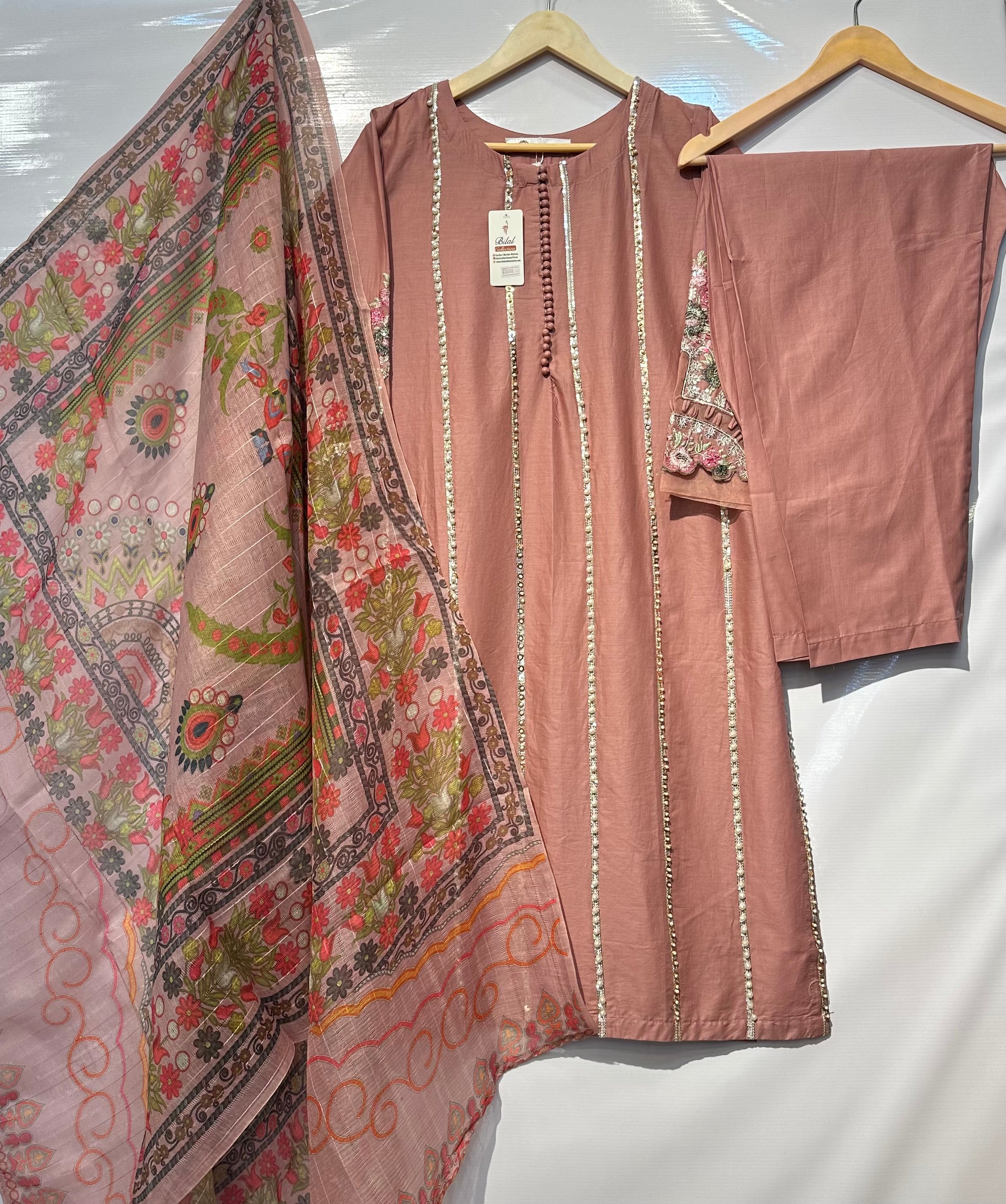 Soft Lawn with pearl+sequential embellished long shirt with trouser & dupatta 👗