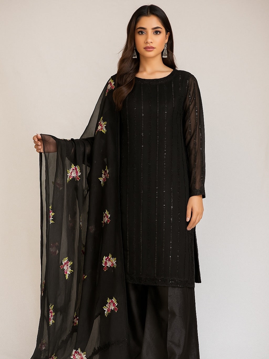 Trending front back sequence dhaga embroidered🪡long shirt with embroidered dupatta & Flapper 🔥