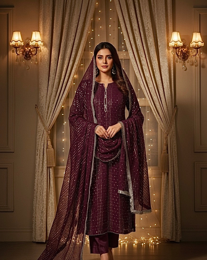 Pure Chiffon beautiful & Elegant sequence with thread embroidered🪡3 pcs dress 👗