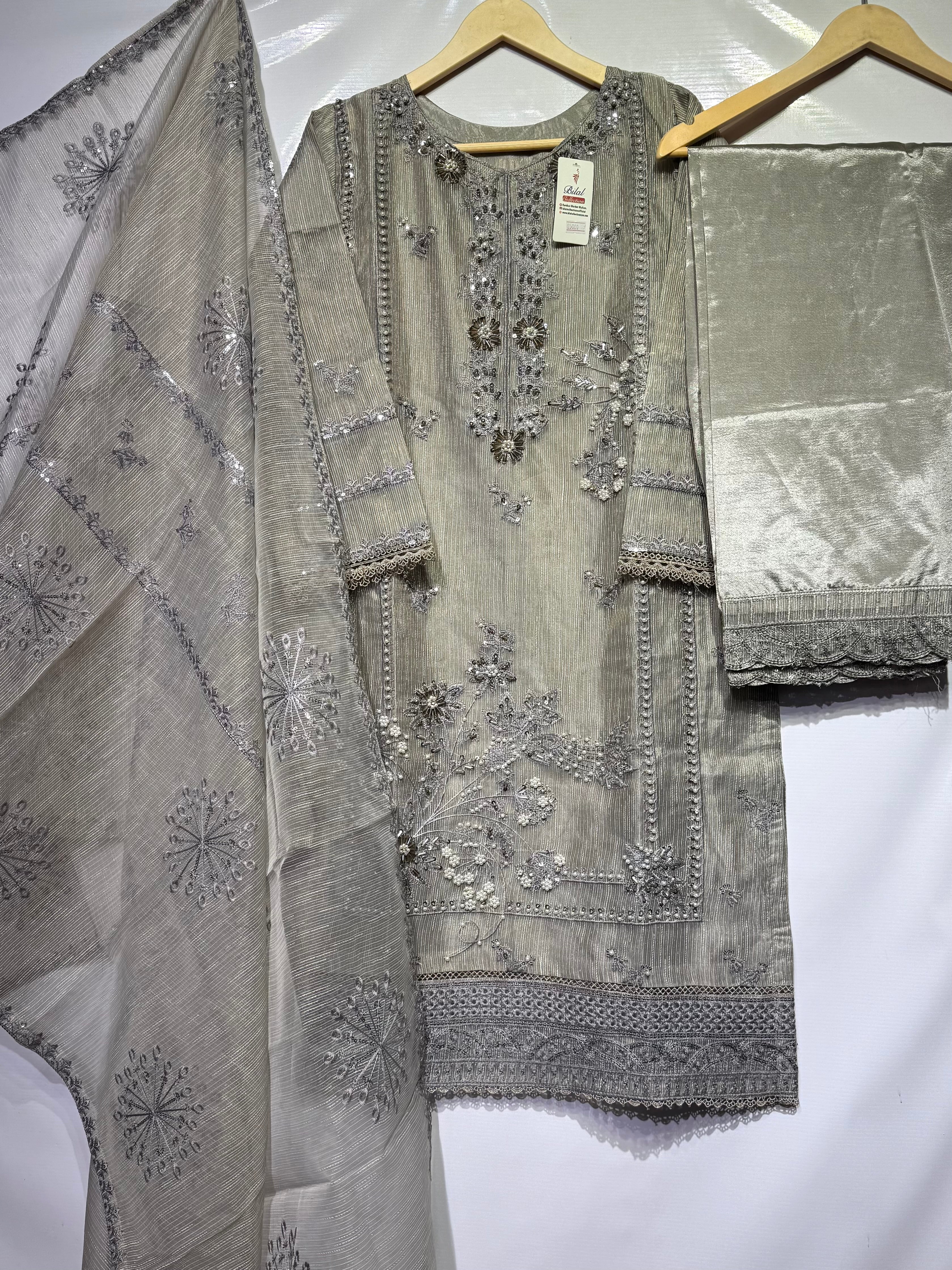 Handmade with pulse+sequence+thread embroidered🧵khadi net 3 pcs dress 👗