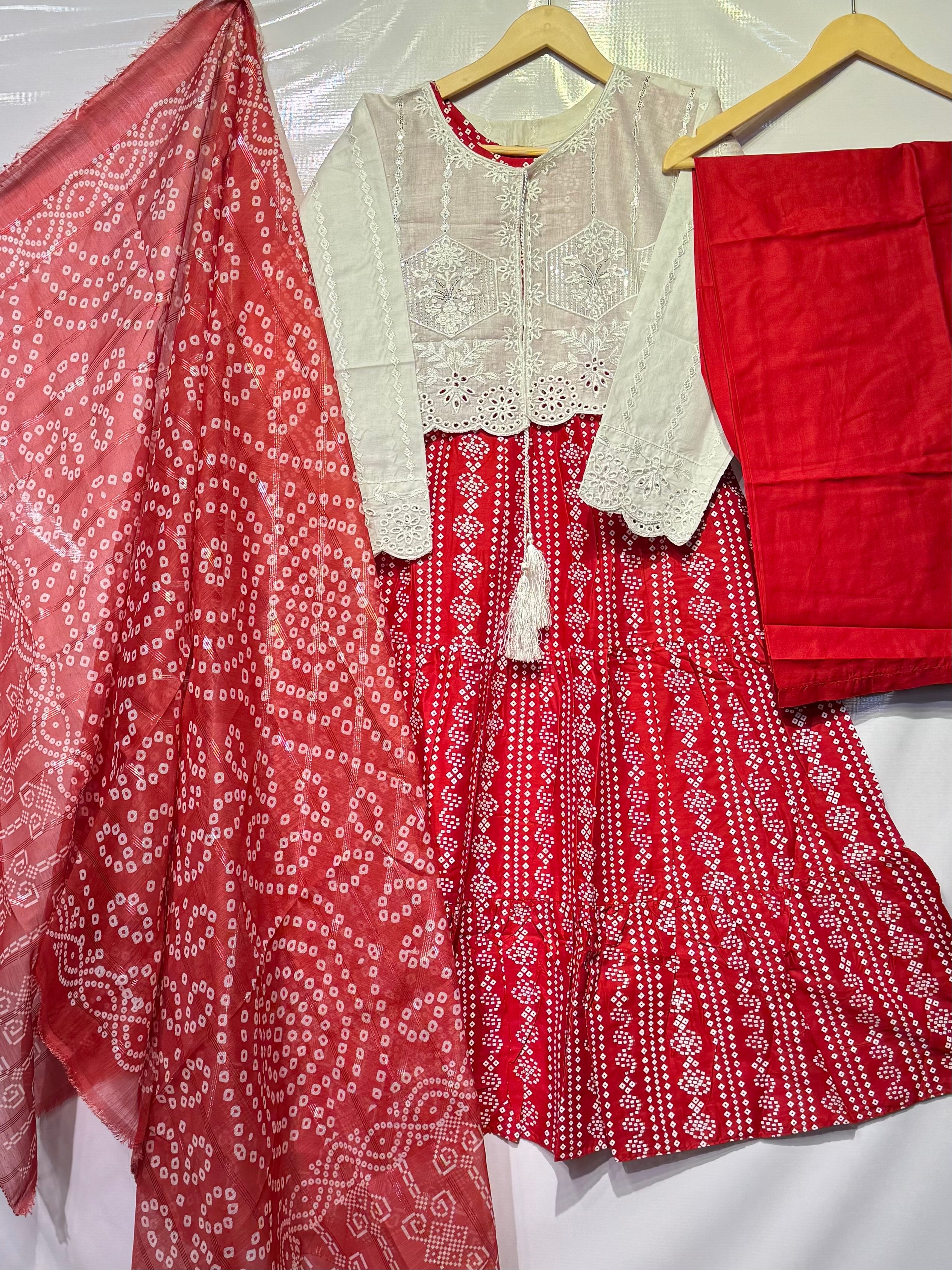 Chunri Printed Frock with thread+sequence+schiffli embroidered jacket 4 pcs 👗