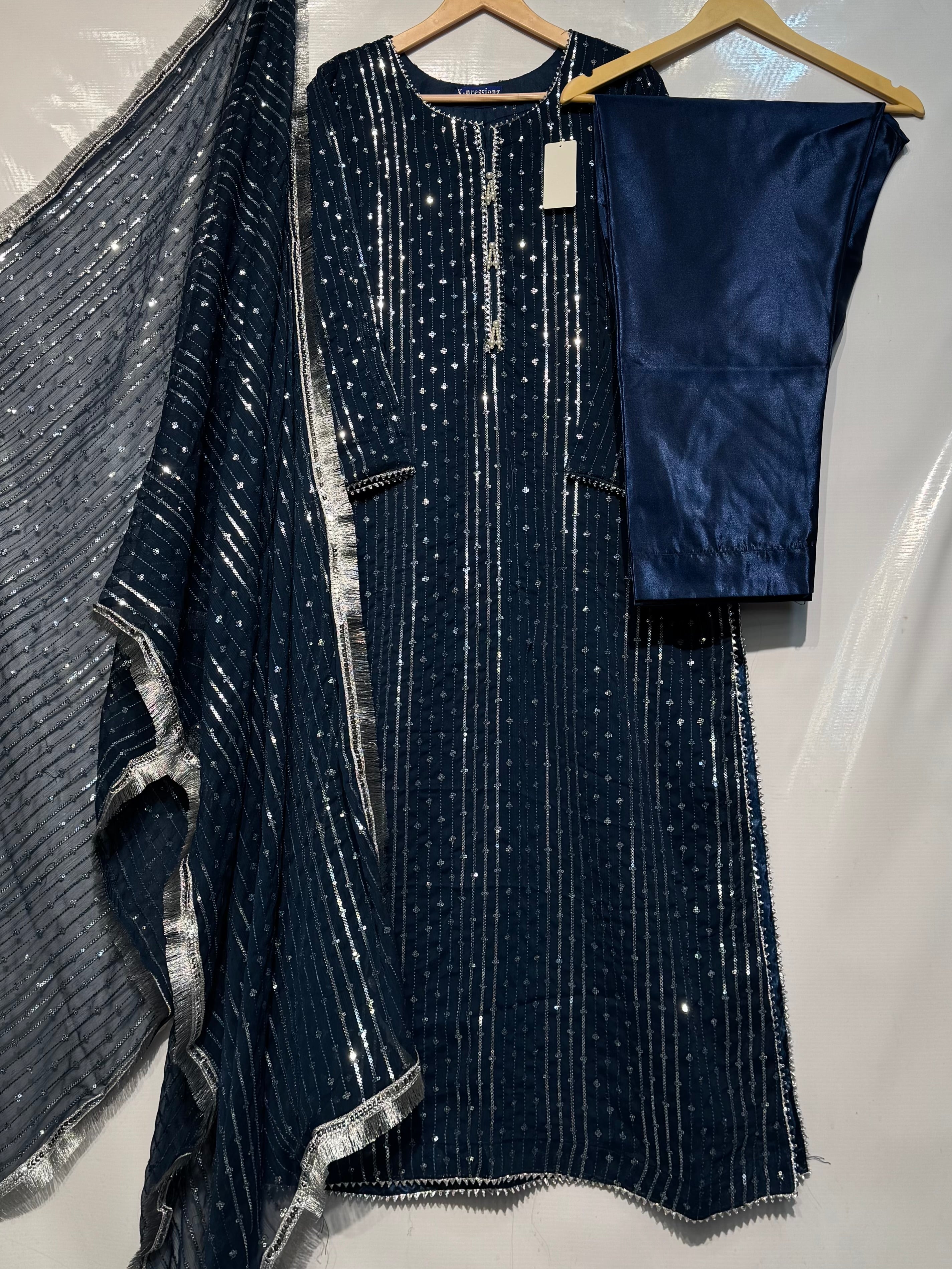 Pure Chiffon beautiful & Elegant sequence with thread embroidered🪡3 pcs dress 👗