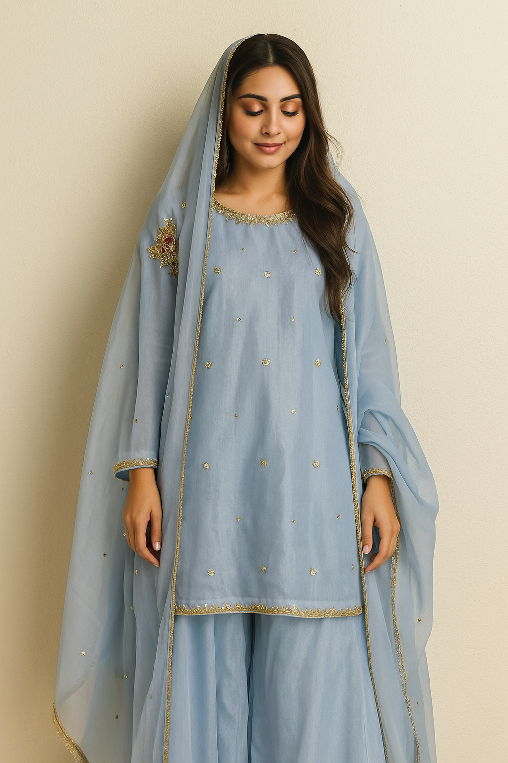 Handmade Adda work🧵shirt & dupatta along with massive flaired gharara👗