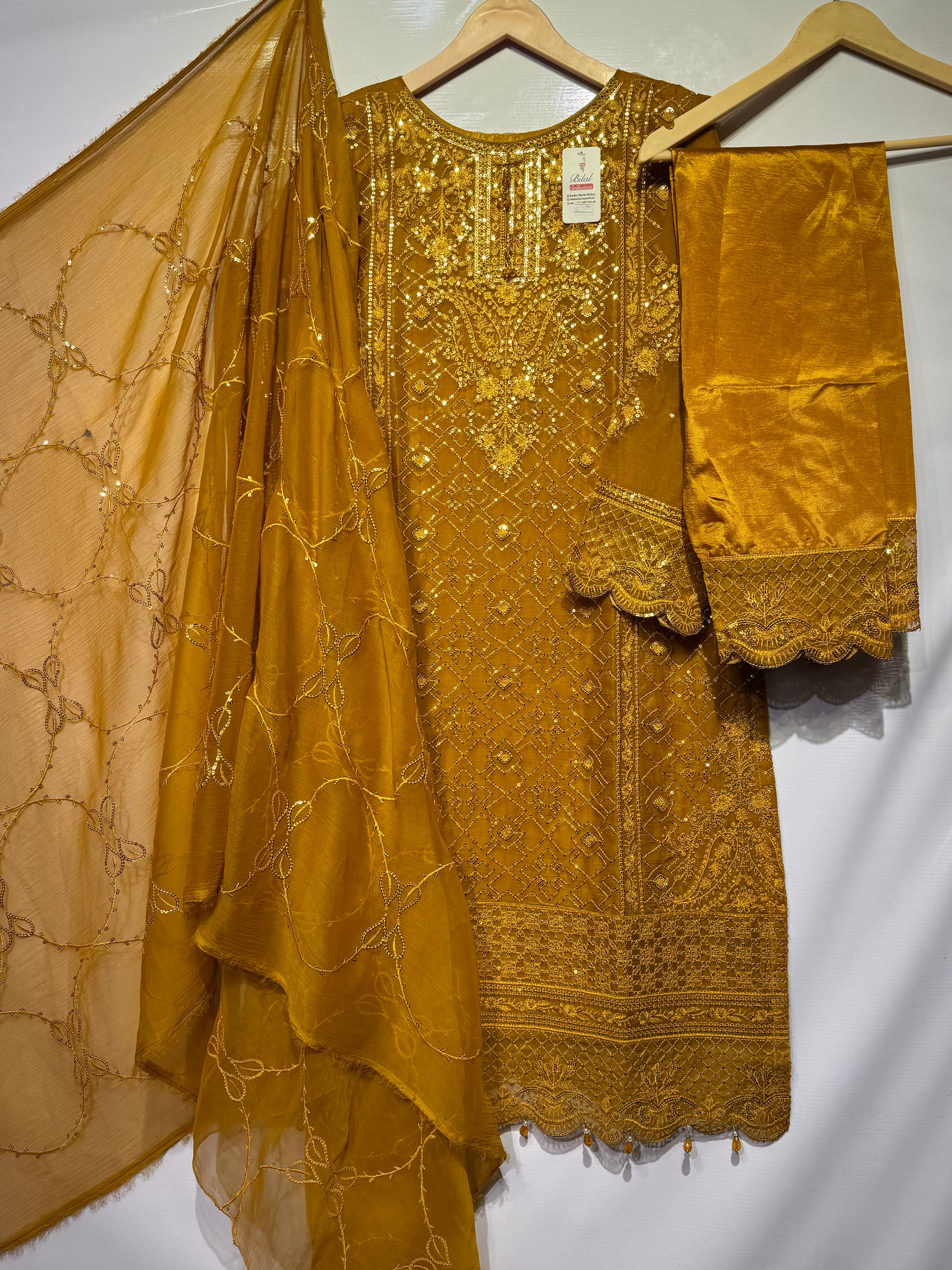 Soft chiffon fully dhaga with sequential embroidered🧵shirt & dupatta along with katan silk trouser 👗