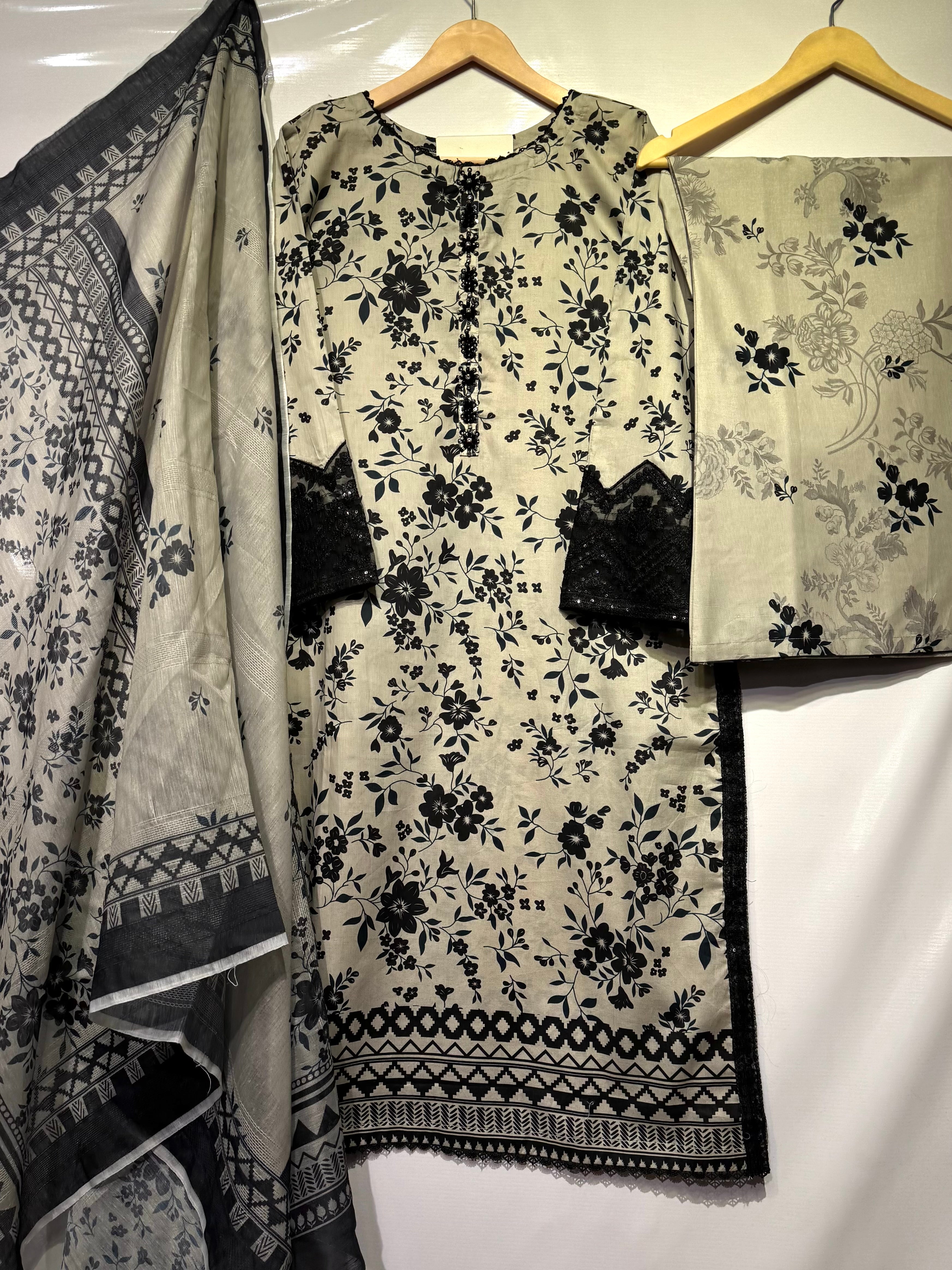 Pure Lawn most demanded printed shirt with embroidered🧵neckline+sleeves, printed plaso & dupatta