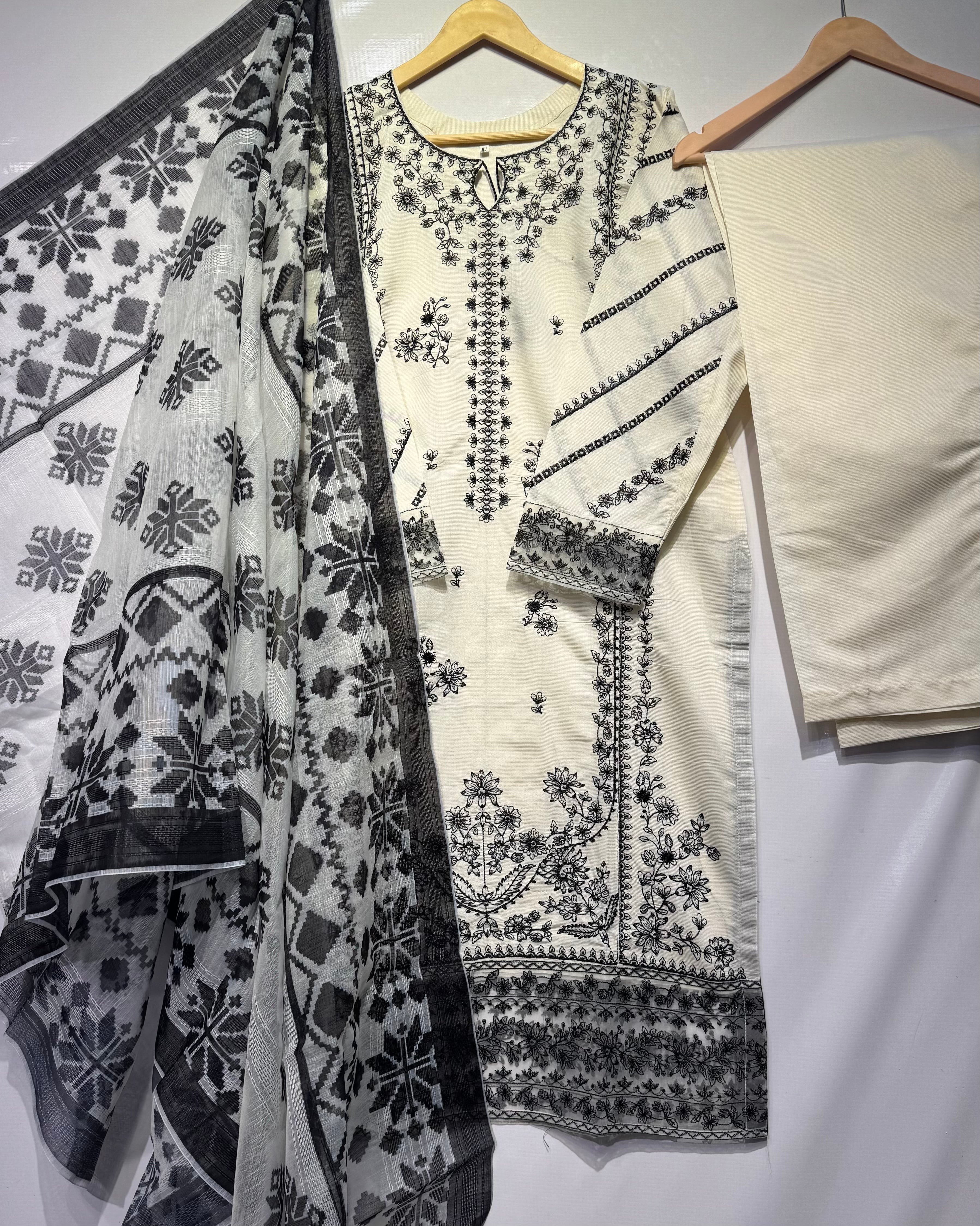 Soft khadi contrast thread embroidered🧵long shirt with monar printed dupatta & khadi trouser 👗